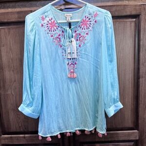 Hatley Clara Blouse Aqua Sarchi Tassel Embroidered Top XS NWT Boho Festival Chic